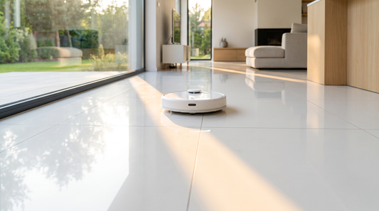 Robot mopujący z różnymi butelkami środków czyszczących obok - Vitaclean koncentrat do robotów, Cif, ocet, Roborock - porównanie kompatybilności