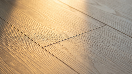 Błyszcząca podłoga winylowa LVT w salonie - kolekcja Quick-Step Livyn z butelką Vitaclean koncentrat obok