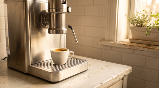 “Ekspres DeLonghi podczas cyklu odkamieniania — różowy roztwór spływa do filiżanki, jasna kuchnia”