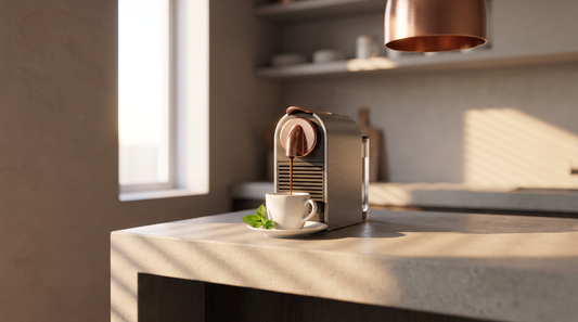 Trzy ekspresy automatyczne – Krups Intuition, Philips Series 5000 i Siemens EQ.6 obok siebie z kolorowymi roztworami odkamieniacza