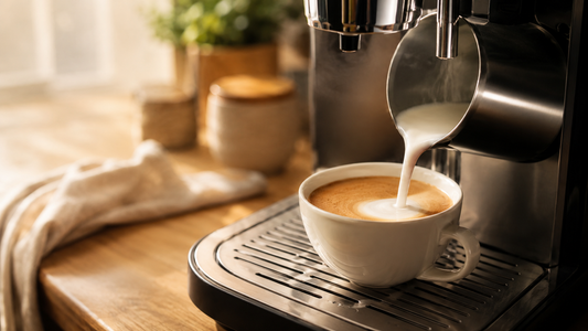 Ekspres DeLonghi z wężykiem mlecznym i dyszą spieniacza w trakcie cyklu czyszczącego — niebieski roztwór płyn do systemu mleka Vitaclean spływa do filiżanki