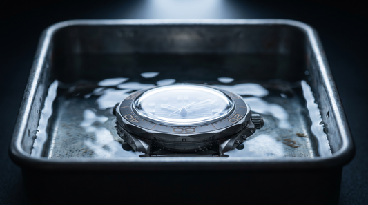 Zegarek nurkowy Seiko w koszyku myjki ultradźwiękowej + butelka koncentrat do myjek ultradźwiękowych Vitaclean